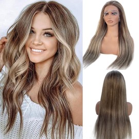 Smartinnov Ash Brown Highlight Lace Front Wig Human Hair Ombre Blonde 13x4 HD Transparent 16Inch 150% Density Ash Blonde Mixed Chestnut Brown Balayage Pre Plucked Brazilian Remy Hair Wigs for Women