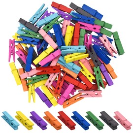 Kioiner 100 Pcs Wooden Photo Clips, Colorful Natural Wooden Clothes Pins, Mini Wooden Pegs Clips for Hanging Photos Peg Paper Clothes Craft DIY Wall Decoration (3.5X0.7cm)