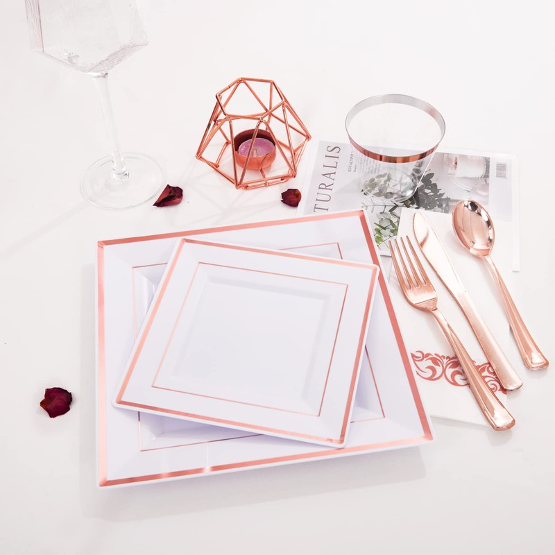 WDF 300 Pieces Rose Gold Plastic Silverware- Disposable Flatware Set
