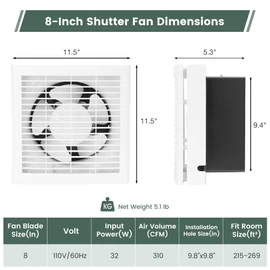 Fanspex 8" Shutter Exhaust Fan for Bathroom, Garage, Greenhouse & Attic