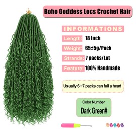 Goddess Locs Crochet Hair 7 Packs Bohemian Faux Locs Pre-Looped Braids, Boho Goddess Soft Locs Crochet Hair with Curly Ends Hair Extensions for Women (Dark Green#, 18Inch)
