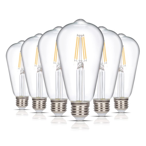 Simba Lighting LED Edison Vintage Filament ST21 (ST64) Light Bulbs (6 Pack) 4W Dimmable 40W Equivalent Clear Glass Decorative Antique Retro, Standard Medium E26 Base, Warm White 2700K