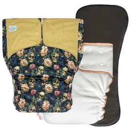 Adult Nighttime Diaper Set - Incontinence Protective Briefs with Fitted and Insert for Special Needs Teens, Men and Women (Large, Skulls & Roses)