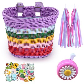 Hojalis Kids Bike Basket, Bike Basket Front Kids, Handwoven Bike Basket with Spare Leather Straps, Cute Sticker, Bike Tassels and Bike Bell, Coloured Scooter Basket, Bike Accessories for Kids Girls