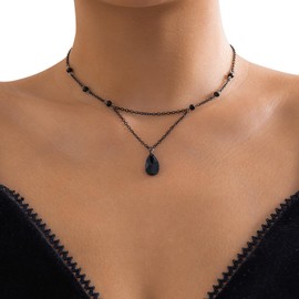 Anuoli Gothic Layered Choker Necklace, Black Red Dainty Y Bead teardrop Goth Christmas Jewelry Gift for Women (Black 6182)