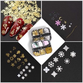 SILPECWEE 2 Boxes 3D Christmas Nail Charms Gold Nail Glitter Sequins Snowflake Nail Sequins Nail Pearls Studs Flat-back Nail Jewelry for Acrylic Nails Manicure Tips Nail Art Decoration