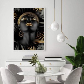 African American Diamond Painting, Black Woman DIY 5D Diamond Art by Numbers Kits for Adults, African American Tropical Leaves Black Girl Fashion Gold Makeup Black Women Decoration Canvas 30x40cm