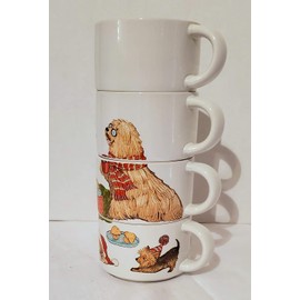 NEW 4pc Park Avenue Puppies STACKING HOLIDAY DOGS RUNNING AROUND CHRISTMAS TREE HOT BEVERAGE CUPS MUGS & WIRE RACK