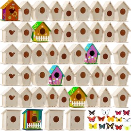 Kisston 120 Pcs Wooden Birdhouse Kits for Kids to Build and Paint DIY Bird Houses for Children Bird House Crafts in 6 Shapes and Stereoscopic Butterfly Sticker for Art Project Crafts Class Party