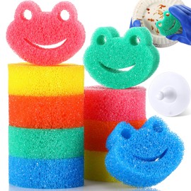Teenyyou 10 Pcs Smile Face Scrub Sponge Bulk Happy Face Cleaning Temperature Controlled Kitchen Sponge with Holder for Dishes Household Kitchen Cleaning Supplies(Frog Shape)