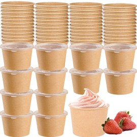 CEZOOWYEX 100 Pack Paper Food Containers with Lids, 8 Oz Cardboard Ice Cream Portion Cups, Reusable To Go Hot Soup Bowls for Christmas Thanksgiving Gathering, Brown
