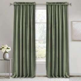 RYB Home Green Velvet Curtains 90 inch, Luxury Window Treatment Privacy Room Darkening Panels Plush Backdrops for Bedroom Living Room, 52 inch x 90 inches, Sage Green