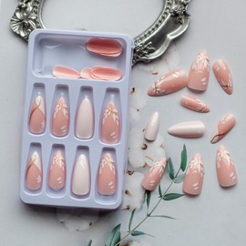 Medium Press on Nails Almond Fake Nails Artificial Full Cover Nails with Gold Curved White Flowers French Tips Designs Summer Pink Acrylic False Nails Stick Glue on Nails for Women and Girls 24 Pcs