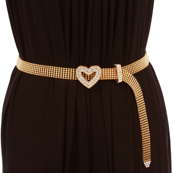 3/4" Rhinestone Open Heart Metal Ball Chain Belt, gold w/clear
