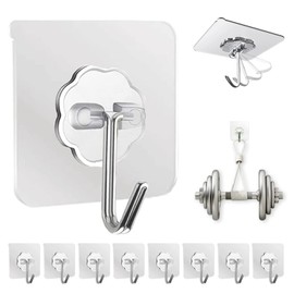 Adhesive Wall Hooks for Hanging Heavy Duty 50 lbs Large Hooks for Walls No Damage, Towel Sticky Clear Hook, Waterproof, Home, Bathroom, Kitchen, Office, and Outdoor 10 Pack