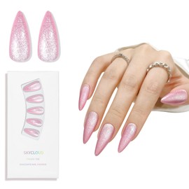 Pink Almond Cat Eyes Press On Nails,12 Sizes - 24 Pcs Soft Gel Pink Medium Fake Nails Kit with Nail Glue, Natural Reusable Stick On False Nails for Women and Girls SK1011