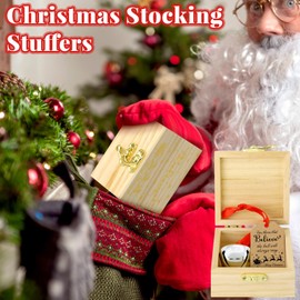 Ceenna 6 Sets Bell Santa Sleigh Bells Gifts Bulk Christmas Believe Bell Ornaments Christmas Tree Decorations Wooden Keepsake Boxes Holiday Movie Party Favors (Beige)