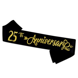 25th Anniversary Sash - Happy 25th Wedding Anniversary Soft Black Sash with Gold Foil - Celebration 25th Wedding Anniversary Party Supplies Gift Decors Favors for Husband Wife
