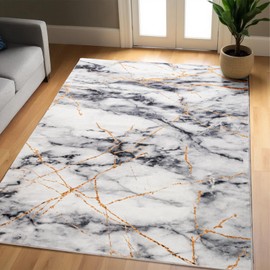 CRYPTOLITE Abstract Area Rug 5x7 Feet, Washable Rug with Non-Slip Backing, Low Pile Area Rug Carpet for Living Room Bedroom Dining Room, Gold&Grey