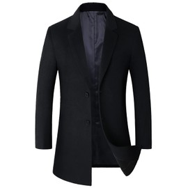chouyatou Men's Mid-Length Single Breasted Wool Blend Top Coat (X-Small, Notch-Black)