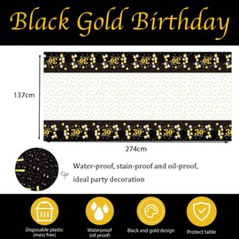 Happy 30th Birthday Black Gold Table Cloth Cover Party,137*274cm 30th Birthday Table Decorations for Boys,Girls,Men,Women,Him,Her,Rectangular Plastic Tablecloth for 30th Birthday Party Supplies Decor