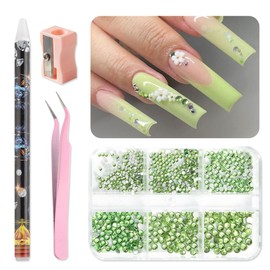 SUTOKAKA Nail Art Rhinestones Kit Green Flat-back Round Glass Crystals Gems with Pick Up Tweezers and Nail Rhinestone Picker Tool for DIY Crafts Clothes Face Makeup Manicure Decorations