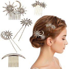5 Piezas Vintage metal Peinetas Mujer Decoración Peines Mujer, Luna, Media Luna, Estrella Peine para el peines de Metal Clip de Dientes con Agarre de Dientes Cristal Cabello de Novia Accesorios de Boda Pin