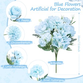 16 Bundles Peonies Artificial Flowers Blue Fake Hydrangea Bouquet Faux Rose Silk Flower Arrangement Blue Flowers Artificial for Decoration Wedding Bridal Table Centerpiece Floral Vase Decor Home Party