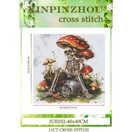 Xinpinzhou Skull 11ct Cross Stitch Kits, 11 CT Funny Pre Printed Counted Stamped Cross Stitch Embroidery Needlepoint Needlework Patterns Kits for Beginners Adults Crossstitch 40x40 cm