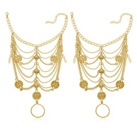 1 Pair Carved Coin Anklet Gold Tassel Barefoot Sangals Foot Chain for Women Bohemian Ethnic Gypsy Tribal Punk Layered Adjustable Ankle with Toe Ring Exaggerated Chunky Statement Jewelry