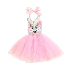 Baby Girl Easter Bunny Mesh Dress Sleeveless Sequins Rainbow Halter Tulle Tutu Dress Holiday Rabbit Princess Dress (X-Pink, 10-12 Years)