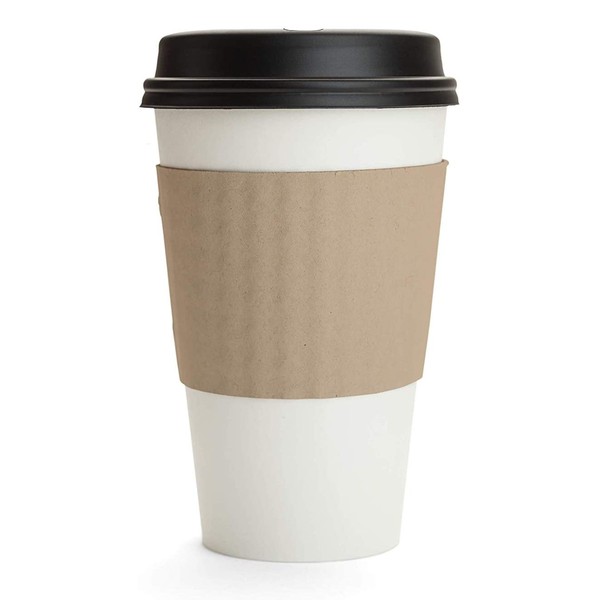 150 Pack - 16 oz Disposable White Paper Coffee Cups with Black Dome Lids and Protective Corrugated Cup Sleeves - Perfect Disposable Travel Mug for Home, Office, Coffee Shop, Travel, Tea