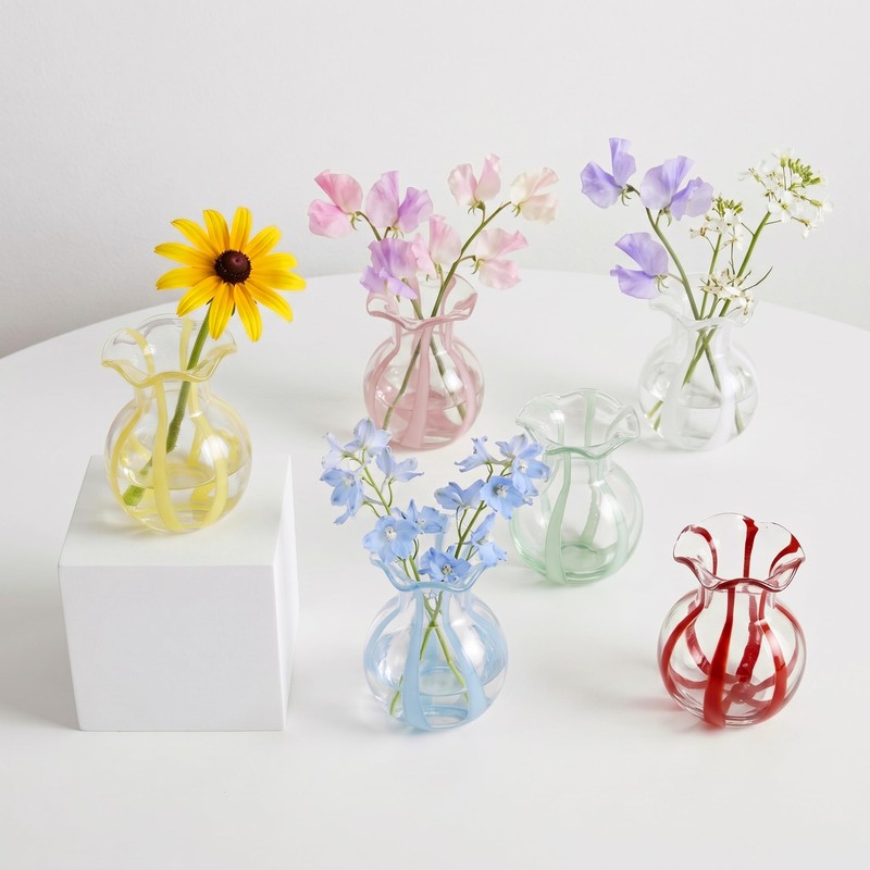 6-Piece 4.5" Ruffled Ribbon Small Vases for Flowers Hand-Blown Glass
