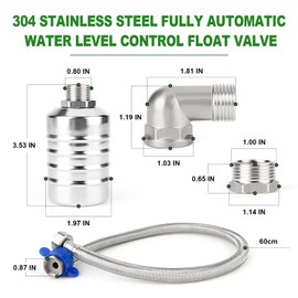 TAISHER 1/2" 3/4" 304 Stainless Steel Automatic Water Level Control Float Valve with Adapter and Water Supply Line, For Water Tank Stock Tank Pool Water Level Control