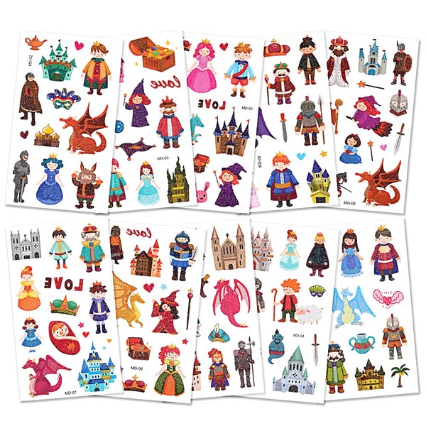 AOOWU Temporary Tattoo for Kids, 10 Sheets Shiny Prince Princess Castle Temporary Tattoos Stickers, Waterproof Removable Fake Tattoo Stickers Set for Children Birthday Gift Party Bag Filler