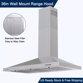 Zomagas Wall Mount Range Hood 36inch Stainless Steel Kitchen Vent 450CFM 3-Speed Fan New