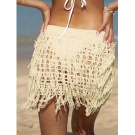 Verdusa Women's Fringe Trim Hollow Out Crochet Short Skirt Cover Up Apricot Medium