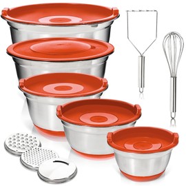 WHYSKO® Stainless Steel Mixing Bowls With Lids Plus Stainless Steel Whisk, Potato Masher and Grater Lids, 5 Nesting Mixing Bowls And Kitchen Tools for Meal Prep, Cooking, Baking, Serving, Food Storage