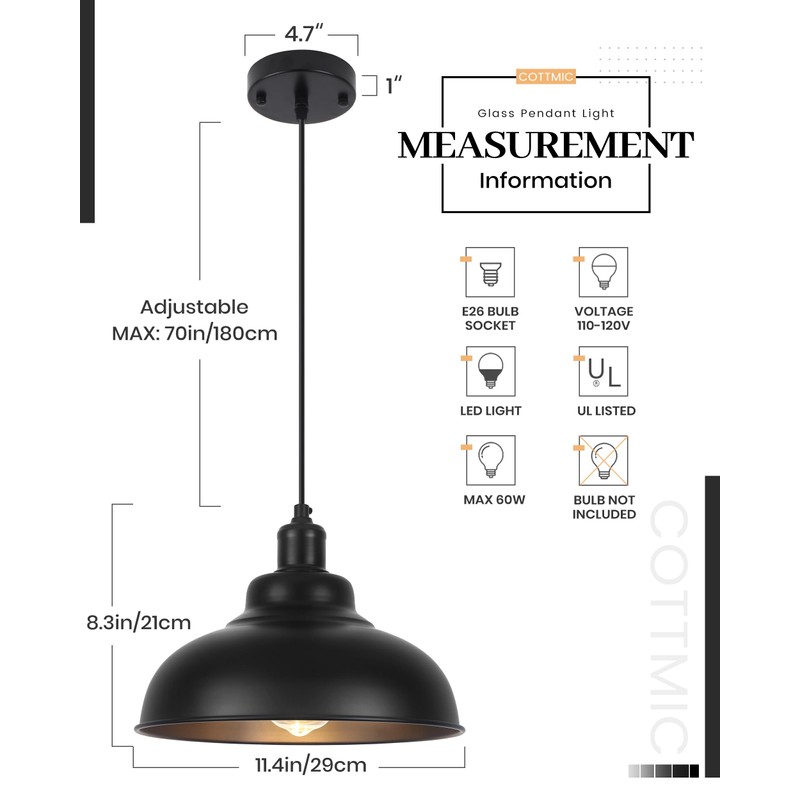 COTTMIC Black Dome Pendant Light 3 Pack, Farmhouse Pendant Lights