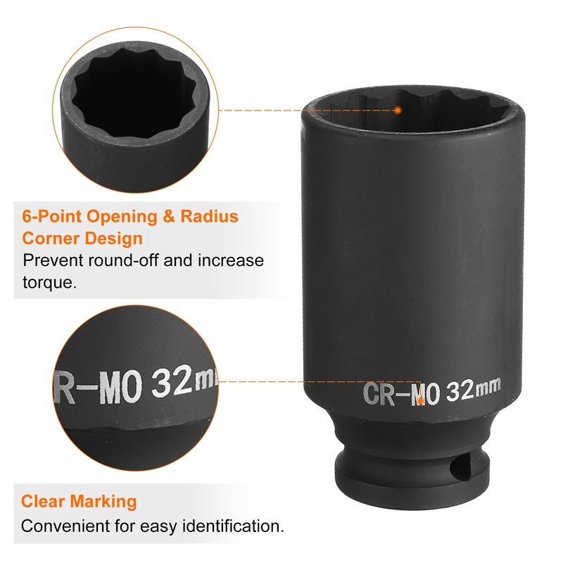 sourcing map 12-Point Deep Impact Socket 1/2 Inch Drive 32mm