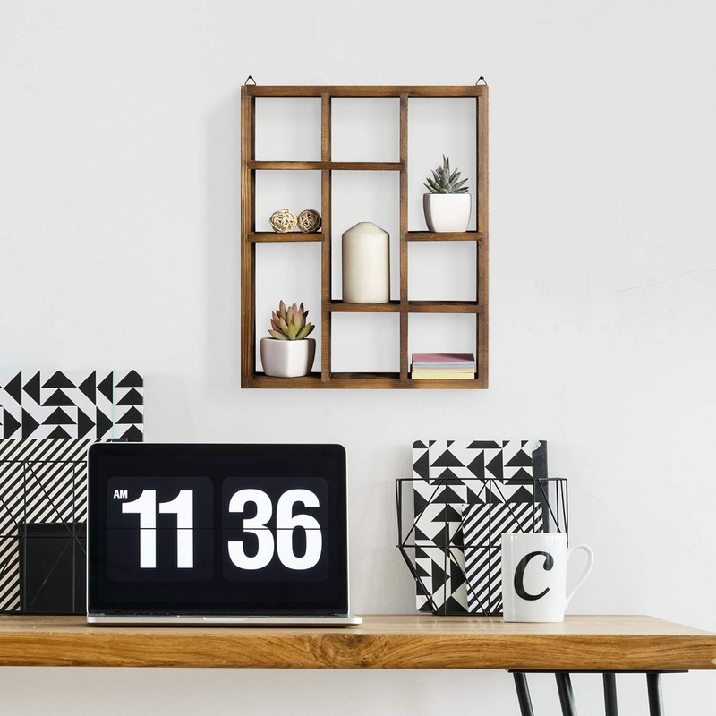 MyGift 9 Compartment Vintage Solid Wood Shadow Box, Wall Mountable