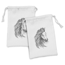 Lunarable Gypsy Fabric Pouch Set of 2, Nobility Horse Portrait Sketch Style Hand Drawn Wild Animal Print, Small Drawstring Bag for Toiletries Masks and Favors, 9" x 6", Charcoal Grey White