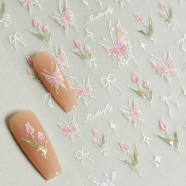QIUTIMIY 1 Sheets Nail Art Stickers Decals 5D Embossed Self-Adhesive Nail Design Supplies Accessories（Pink Butterfly）