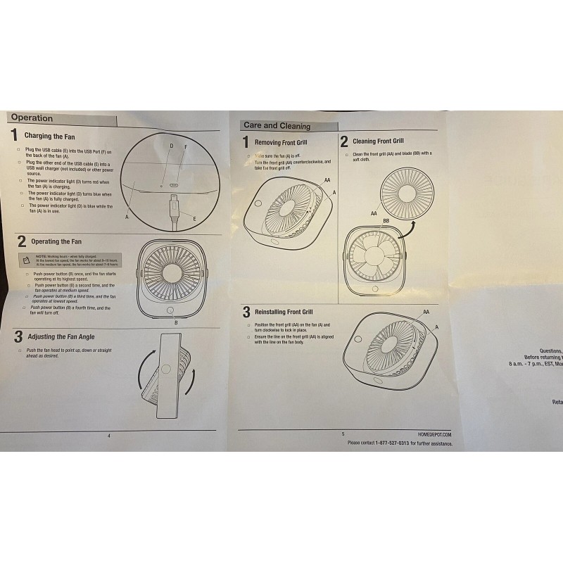 Home Depot Rechargeable Portable Desk Fan 5” 40° Tilt