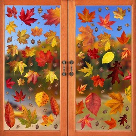 LOKIPA 6 Sheet Autumn Fall Maple Leaves Window Clings Sticker For Thanksgiving Maple Decorations