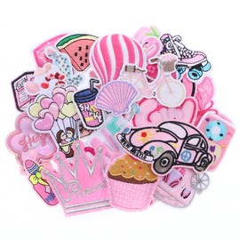 30pcs Pink Random Assorted Styles Iron On Patches, Embroidered Preppy Girl Patches, Cute Sew On Patch Applique for Jackets, Hats, Backpacks, Clothing Accessories, YWLI