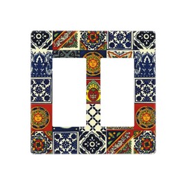 Mystic Aesthetic Blue/Red Boho Sun Moon Tile 2 Gang Double Decorator GFCI/Rocker Wall Plate Mexican Talavera Bohemian Tiles Electrical Outlet Decorative Receptacle Cover Light Switch for Dimmer, USB
