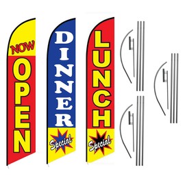 Lunch Dinner Special Now Open Restaurant Advertising Feather Flag Kits Package, Includes 3 Banner Flags, 3 Flag Poles, and 3 Ground Stakes