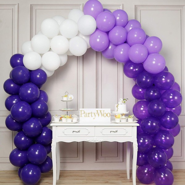PartyWoo Purple and White Balloons, 100 pcs 12 Inch of Purple Balloons, Lavender Balloons, Deep Purple Balloons, White Balloons for Purple Decorations, Lavender Decorations, Purple Party Decorations