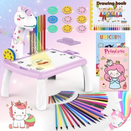 BuzzoXerex Drawing Projector for Children, Projection Drawing Board Children, 52 Pieces Painting Projector Children's Set with 72 Designs, Sketchbook, Sticker Book, Coloured Pens for 3-10 Years Children (Purple)